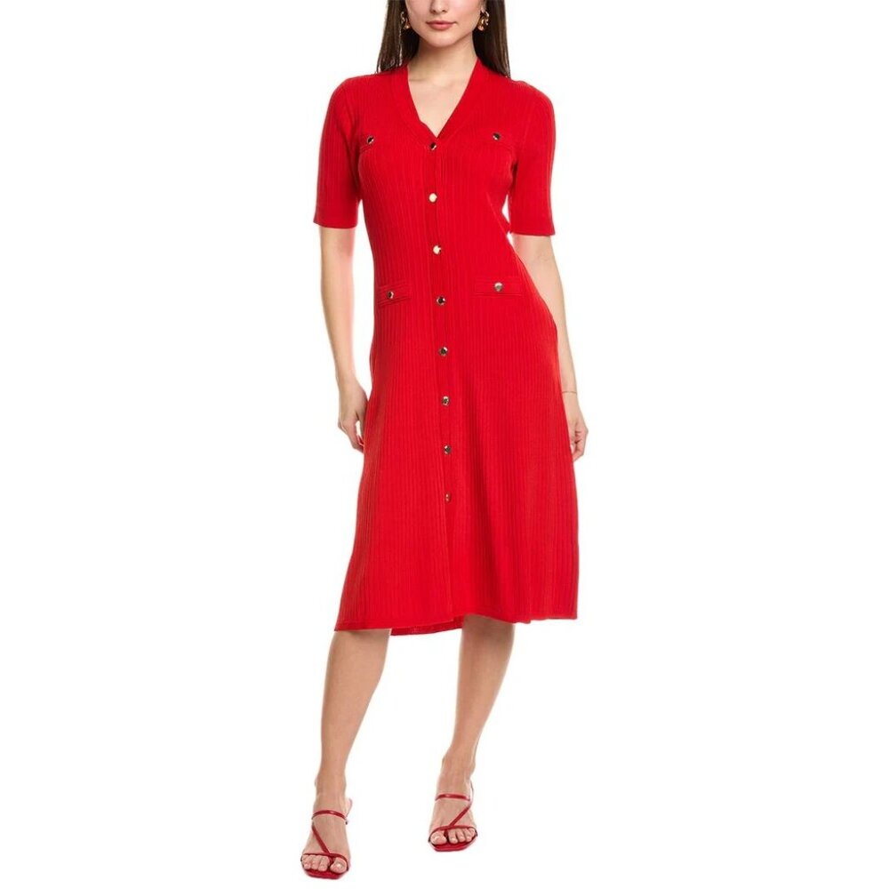 Anne Klein Women's Red Ribbed Gold-Button-Front A-Line Dress Retail $139 NWT